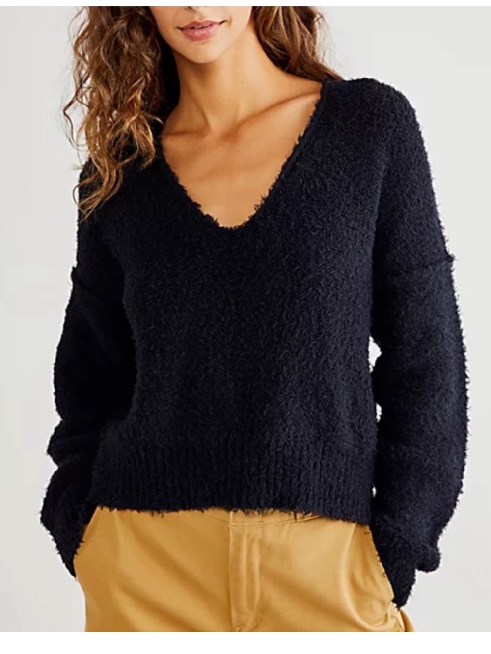 Free People Theo V-Neck Chunky Knit Sweater Black Oversized Women’s Size Small